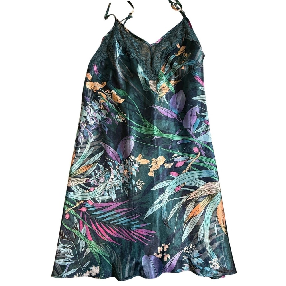 Linea Donatella Womens Teal Tropical Floral Satin Lace Chemise Nightgown Large